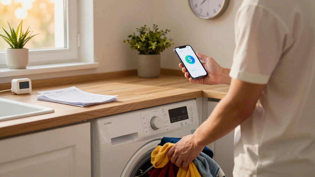 Pessoa a usar smartphone para controlar máquina de lavar roupa numa cozinha moderna e iluminada.