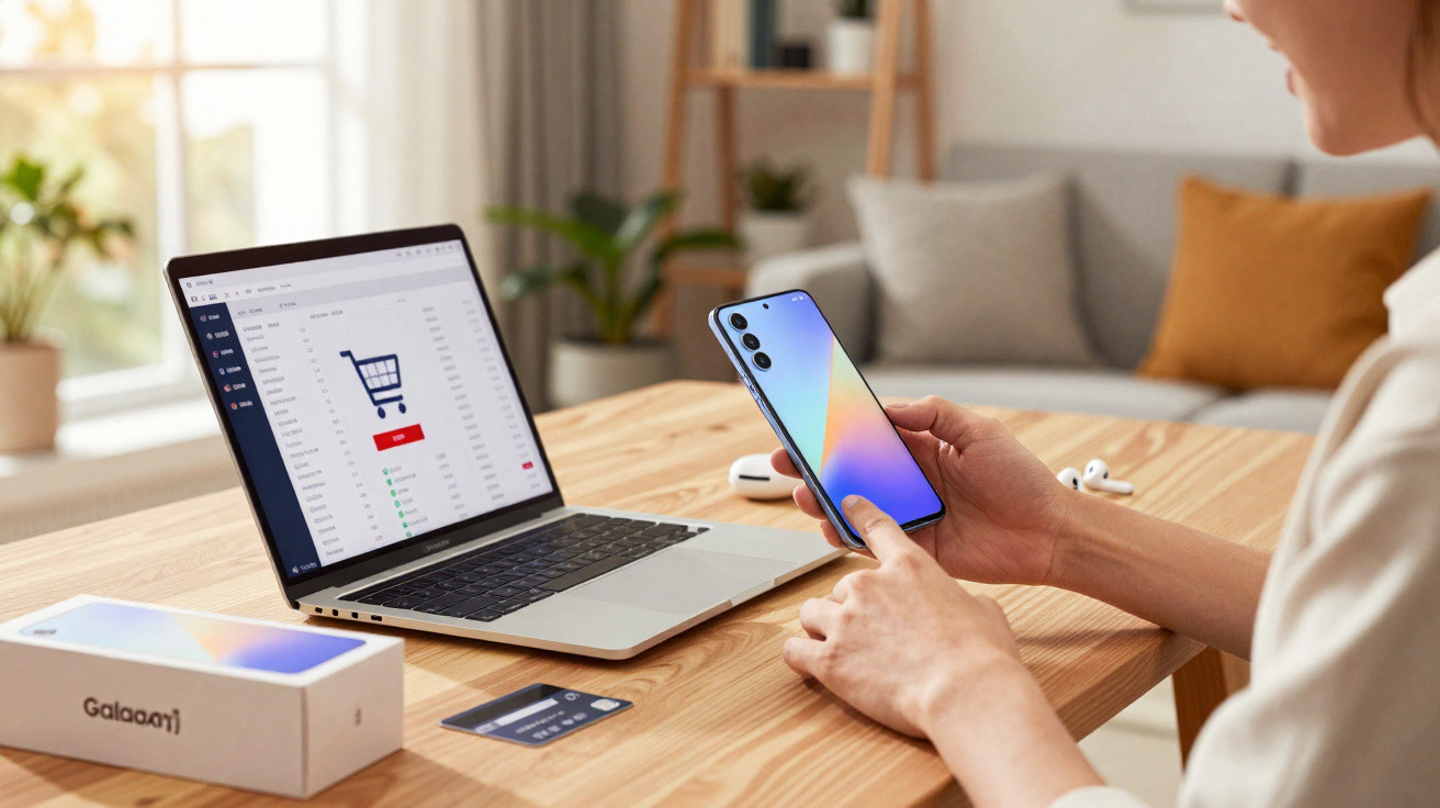 Pessoa com smartphone novo Galaxy junto a computador portátil com carrinho de compras na tela, cartão e caixa na mesa.