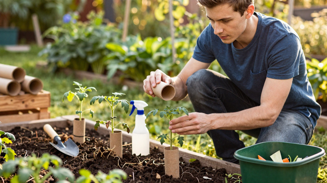 Jovem a transplantar plantas jovens no jardim, usando tubos de cartão como proteções no solo.