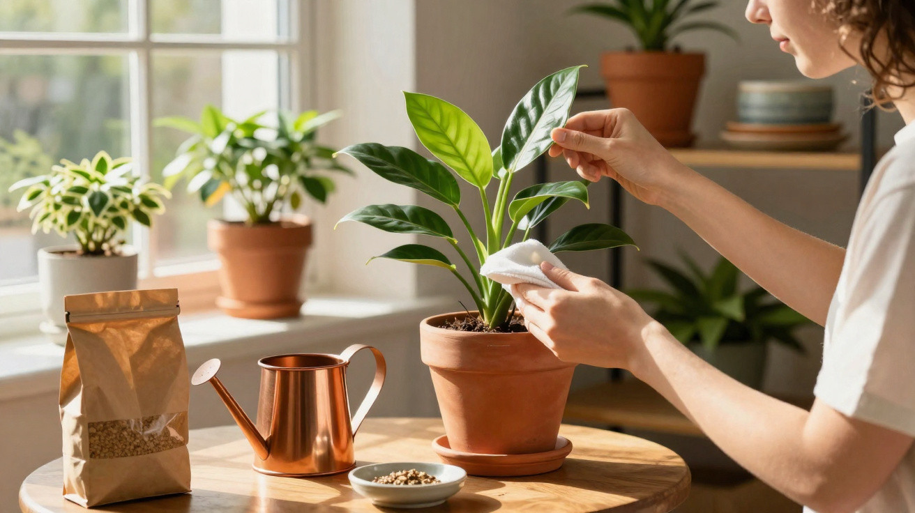 Pessoa limpa as folhas de uma planta em vaso, ao lado de regador e sementes numa mesa junto a janela.