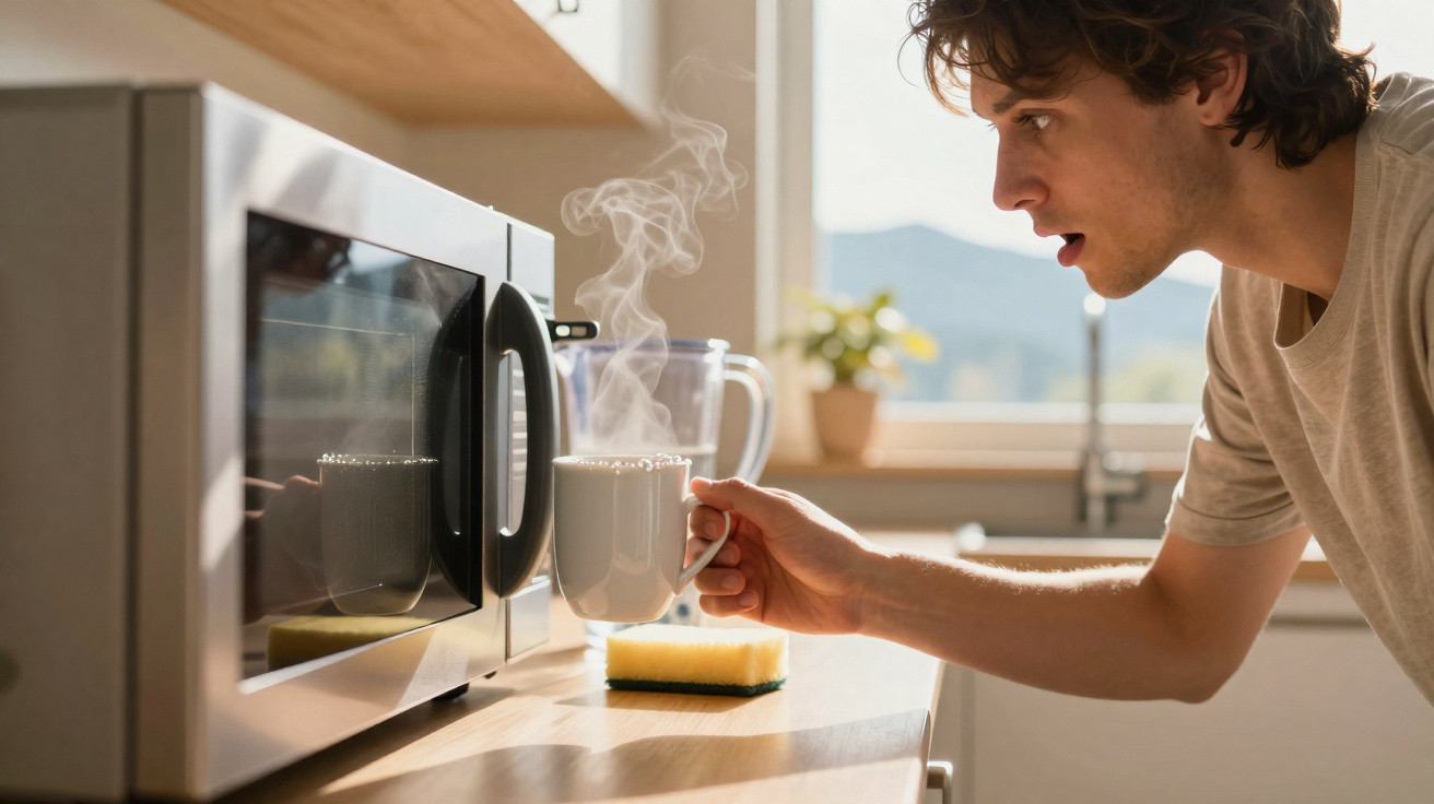 Homem a retirar chávena com bebida quente a fumegar do micro-ondas numa cozinha iluminada natural.