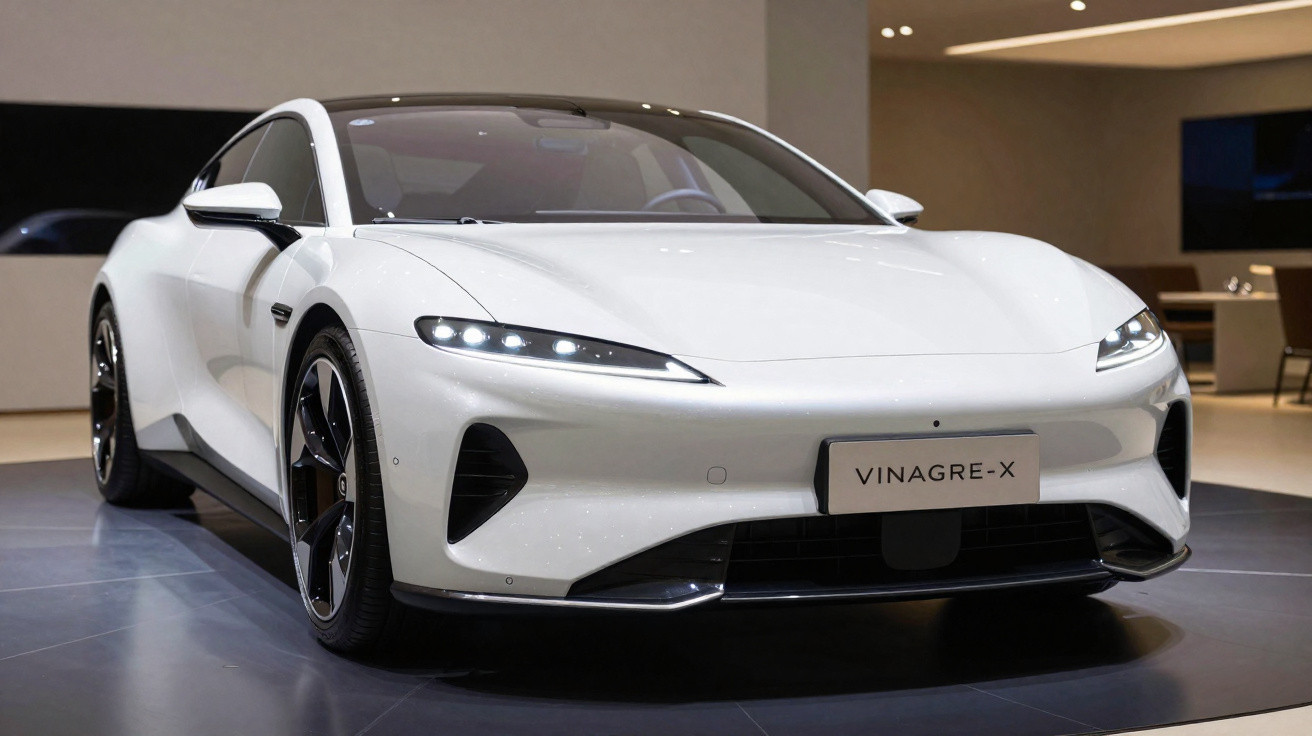 Carro elétrico branco Vinagre-X exibido em ambiente interno com iluminação suave e design moderno.