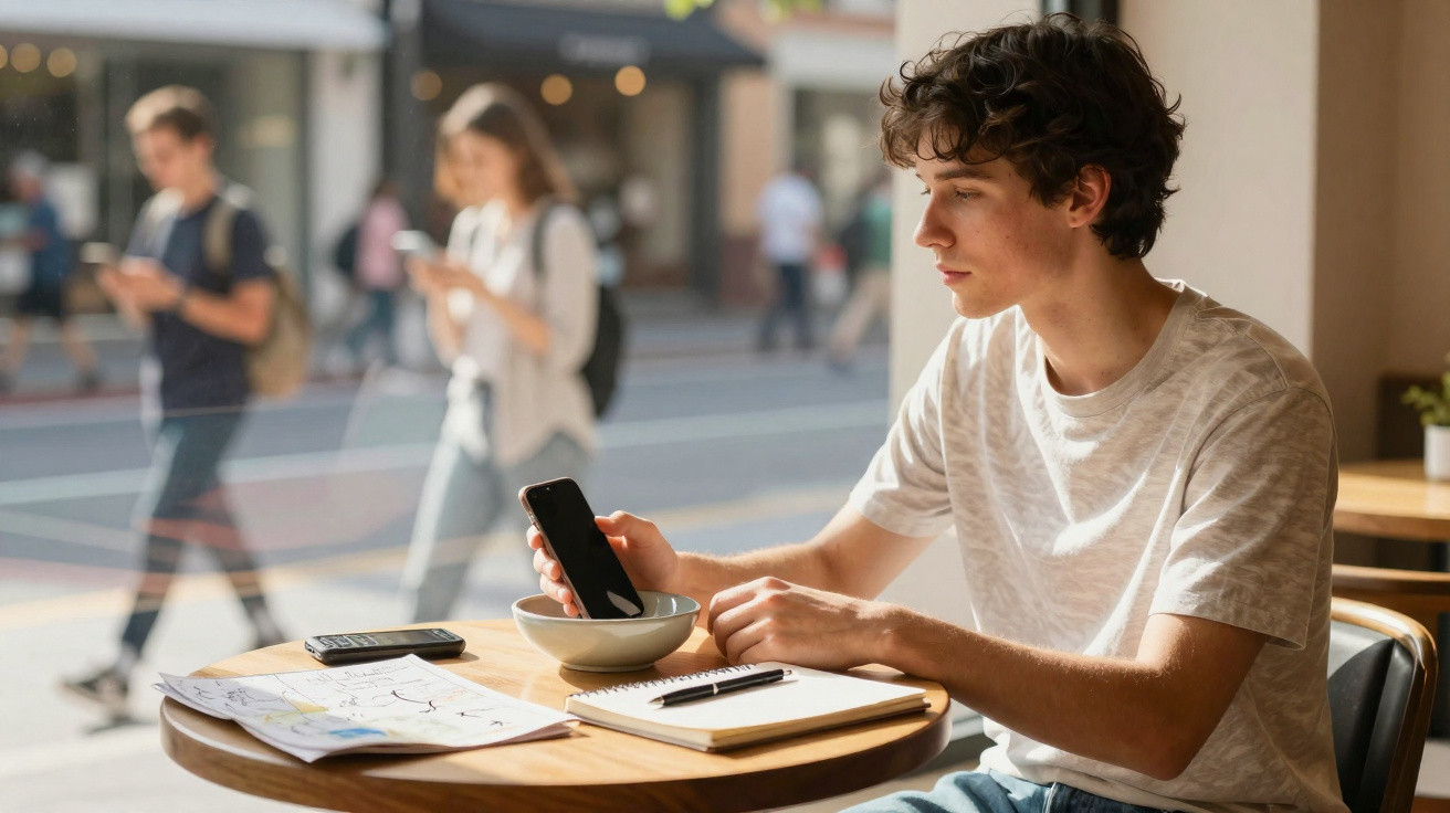 Jovem sentado numa mesa de café, segurando um telemóvel com papéis e caderno à sua frente.