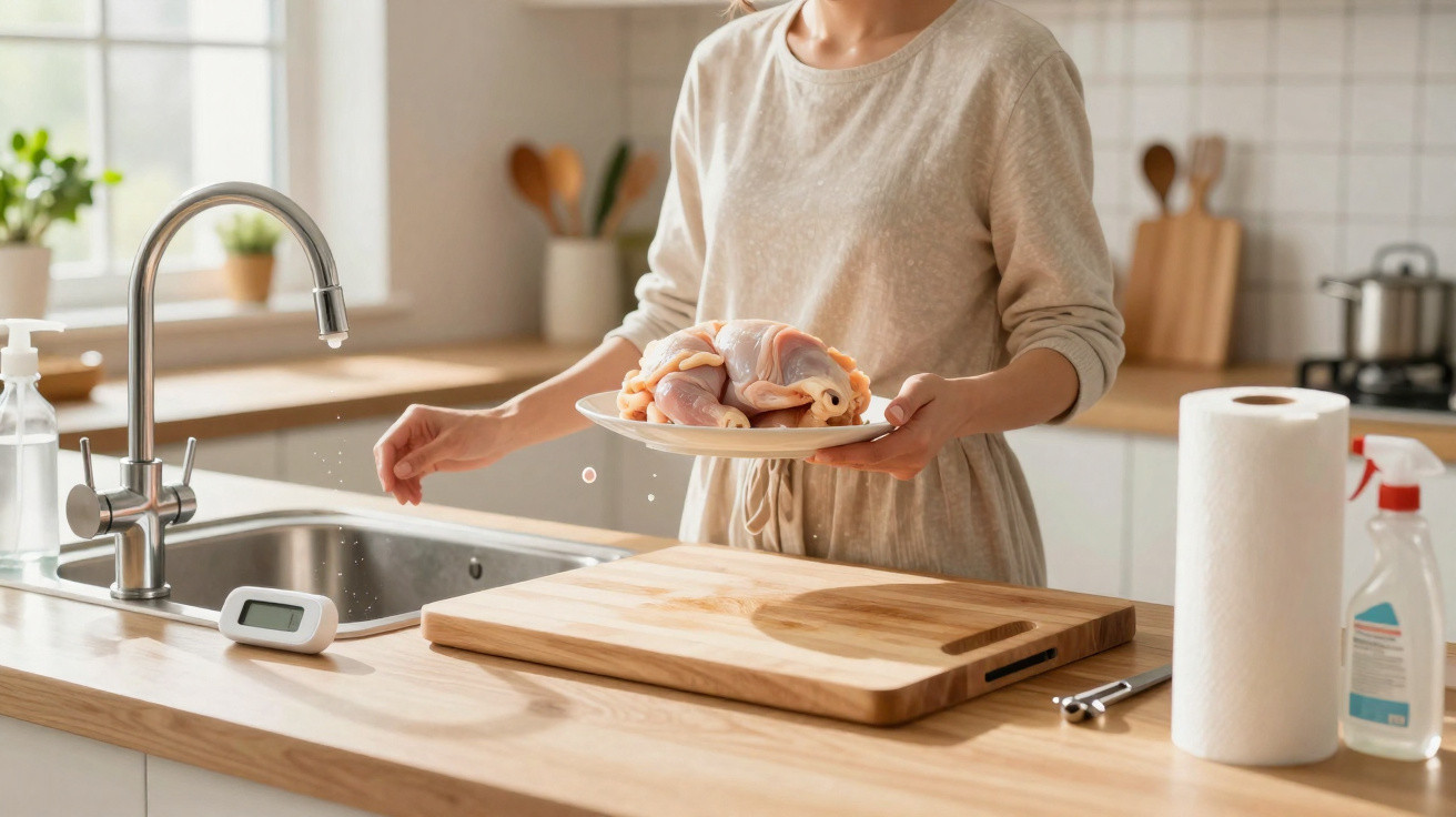 Pessoa a preparar frango cru numa cozinha moderna com tábua de cortar e torneira aberta.