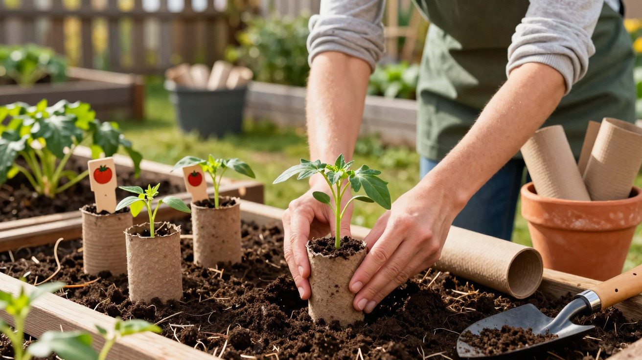 Pessoa a transplantar muda de tomate para um canteiro de jardim em ambiente exterior ensolarado.