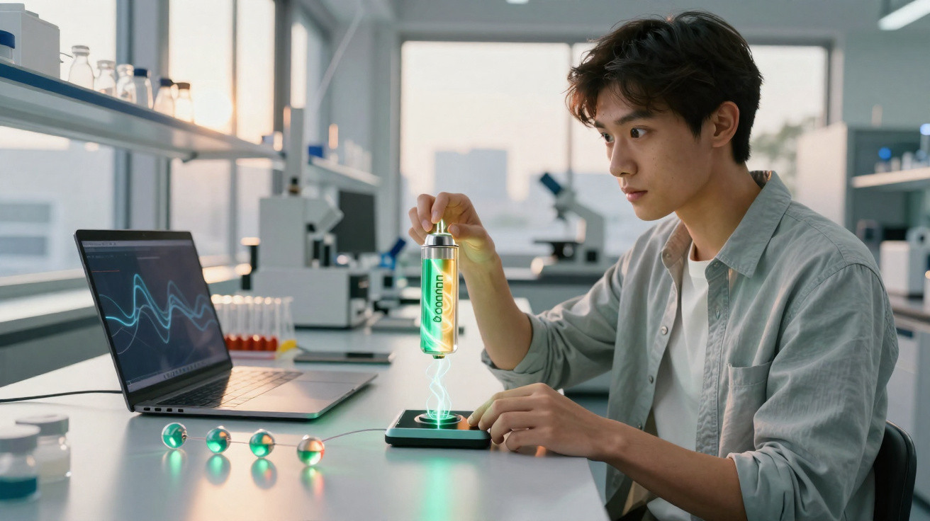 Jovem cientista num laboratório, usando tecnologia futurista para analisar um frasco luminiscente.