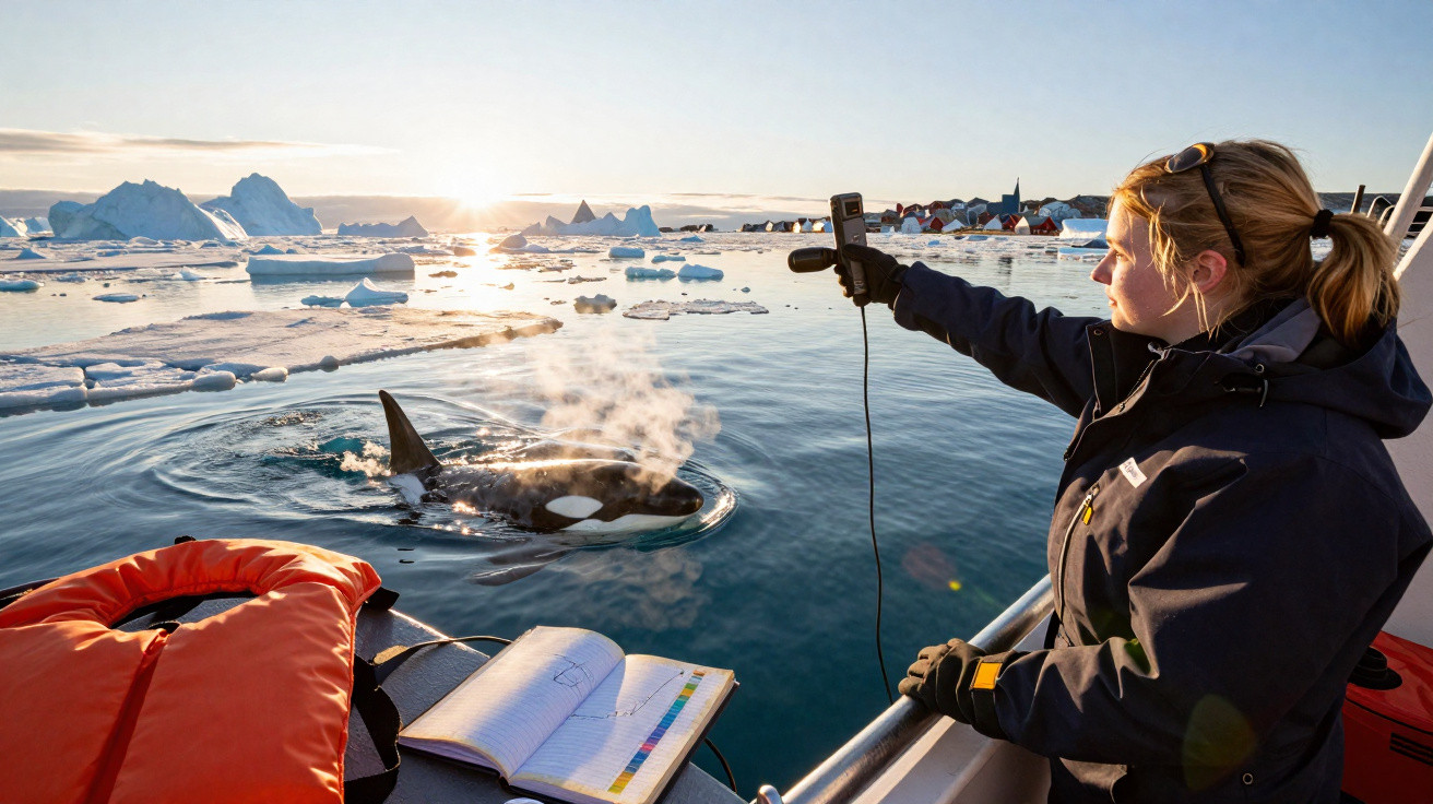 Mulher a medir orca em barco perto de icebergs com anotações e colete laranja ao pôr do sol.