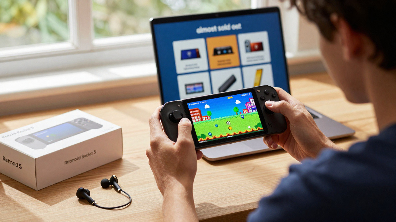 Pessoa a jogar videojogo numa consola portátil Retroid Pocket 5, com portátil e auscultadores sobre a mesa.