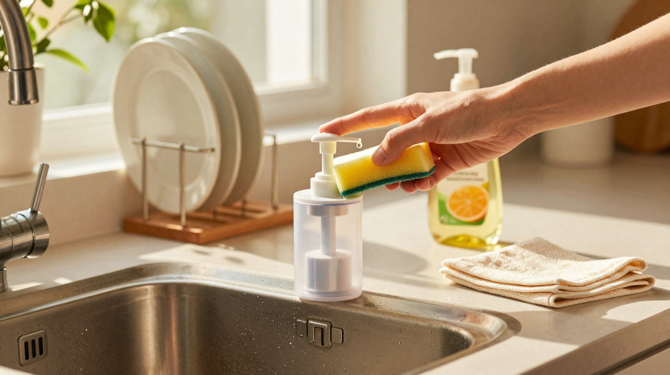 Mão a carregar detergente em dispensador com esponja junto a pia de cozinha, pratos secos e toalha no balcão.
