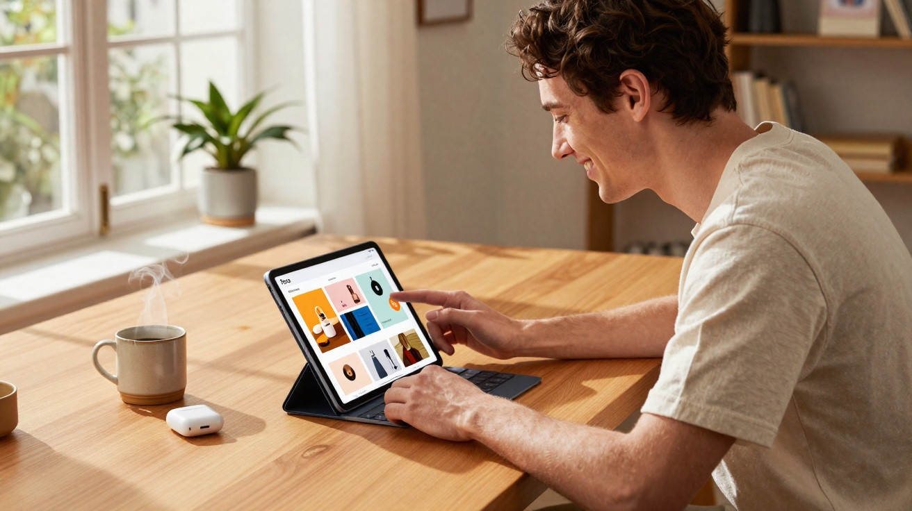 Homem jovem sentado à mesa a usar tablet com capa e teclado, ao lado de chávena fumegante e auriculares.
