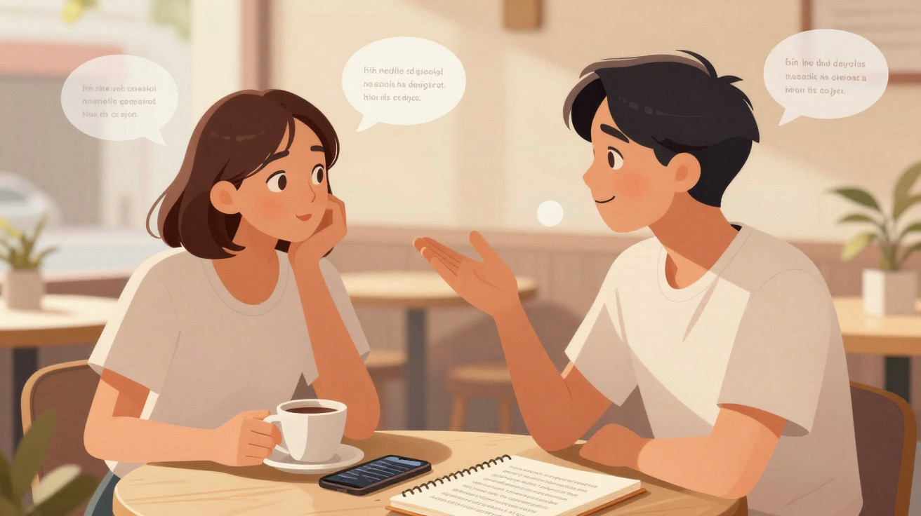 Pessoa a conversar numa mesa com chá e caderno, num ambiente luminoso e acolhedor.