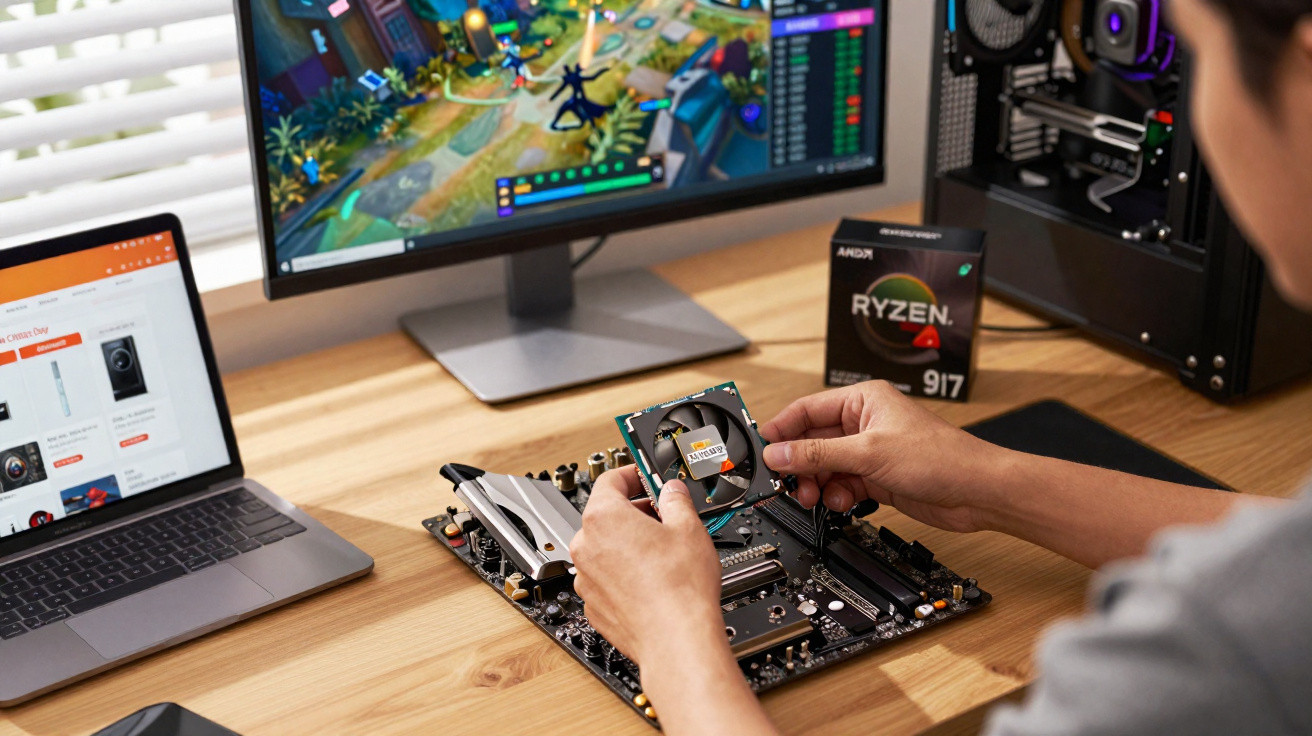 Pessoa a instalar processador AMD Ryzen numa motherboard com ecrã de desktop e portátil ao fundo.