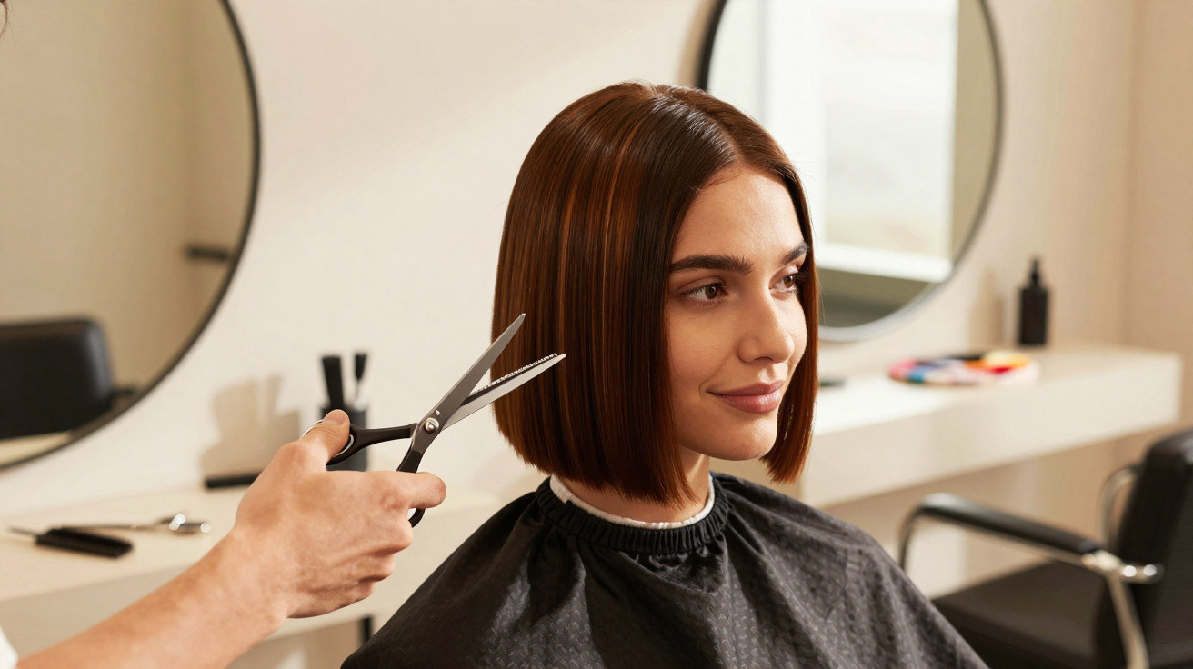 Mulher jovem com cabelo castanho liso corta cabelo ao estilo bob num salão com espelhos redondos.