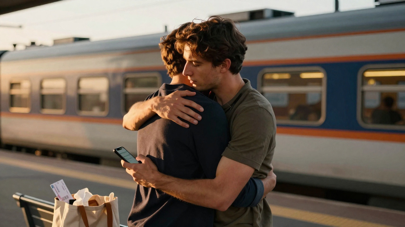 Dois homens abraçam-se numa estação de comboios ao pôr do sol, um deles segura um telemóvel.