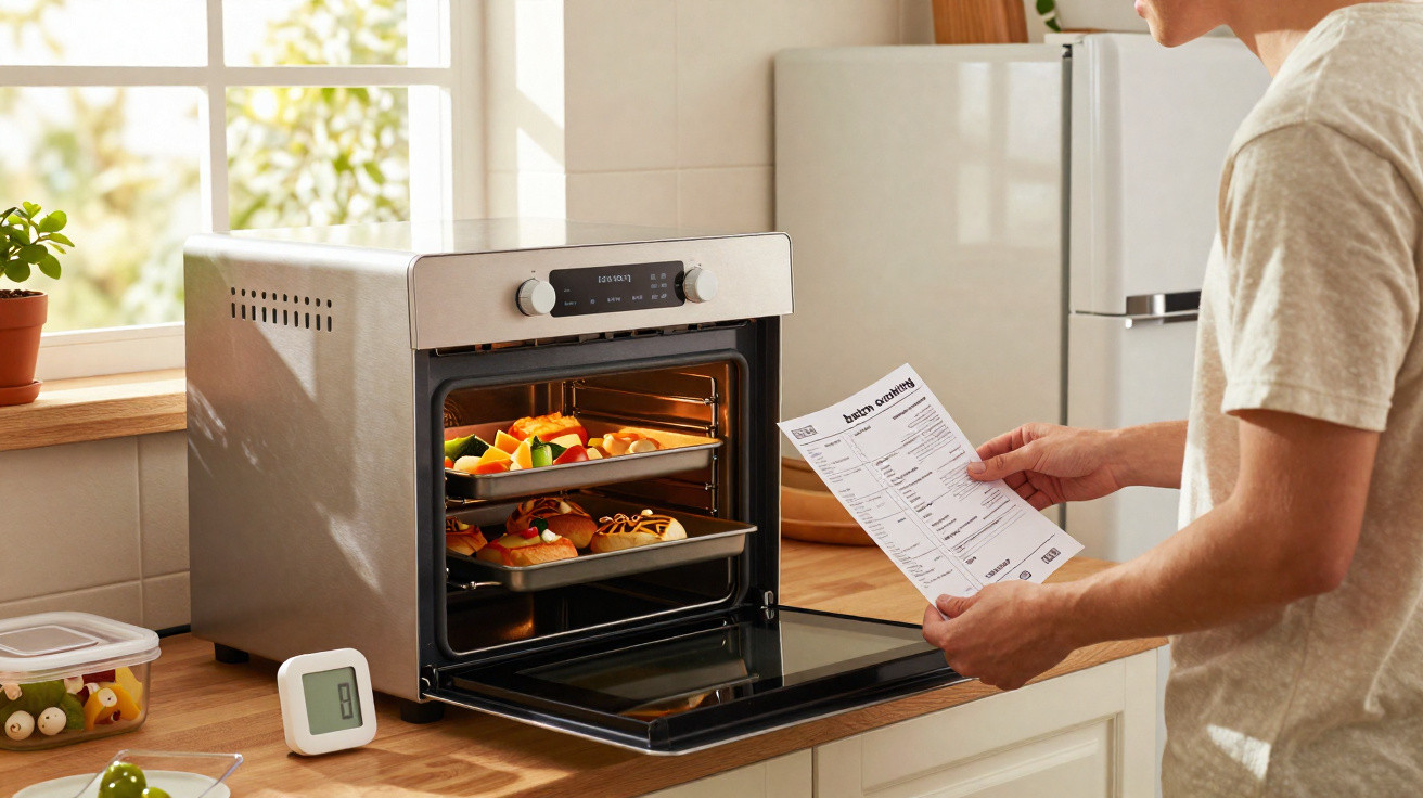 Pessoa a cozinhar legumes e pão no forno de bancada numa cozinha iluminada, seguindo uma receita.