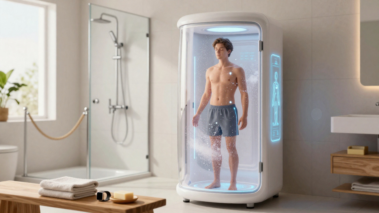 Homem dentro de cabine futurista para banho de corpo inteiro numa casa de banho moderna.
