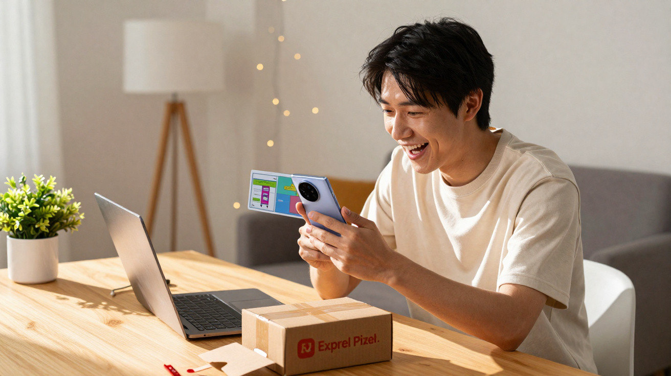 Homem sorridente usa smartphone e computador para gerir encomenda numa mesa com caixa da Exprel Pixel.