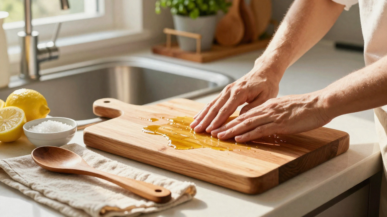 Mãos espalham azeite numa tábua de madeira numa cozinha luminosa com limão e colher de madeira.