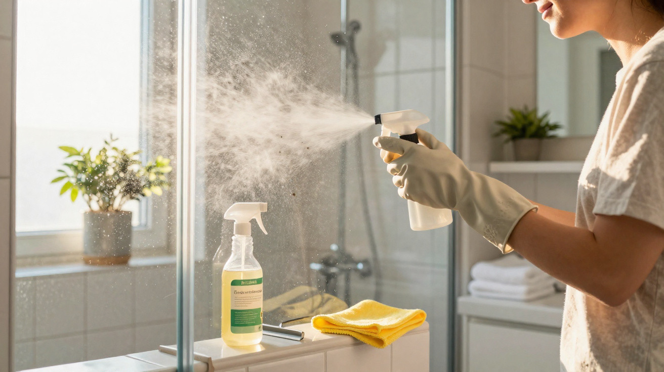 Pessoa a limpar um espelho de casa de banho com spray e luvas de borracha, com toalha amarela ao lado.