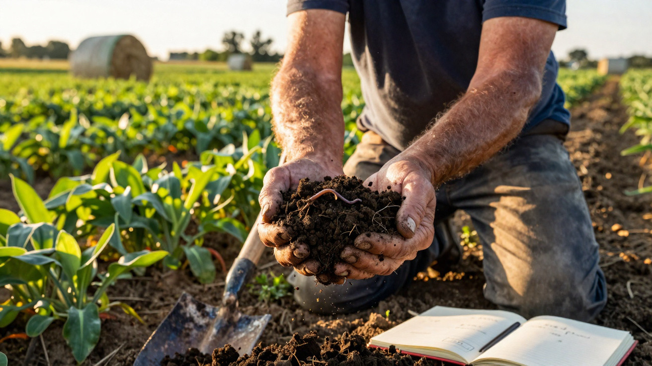Agricultor de joelhos no campo a segurar terra fértil com minhoca, enxada e caderno ao lado.