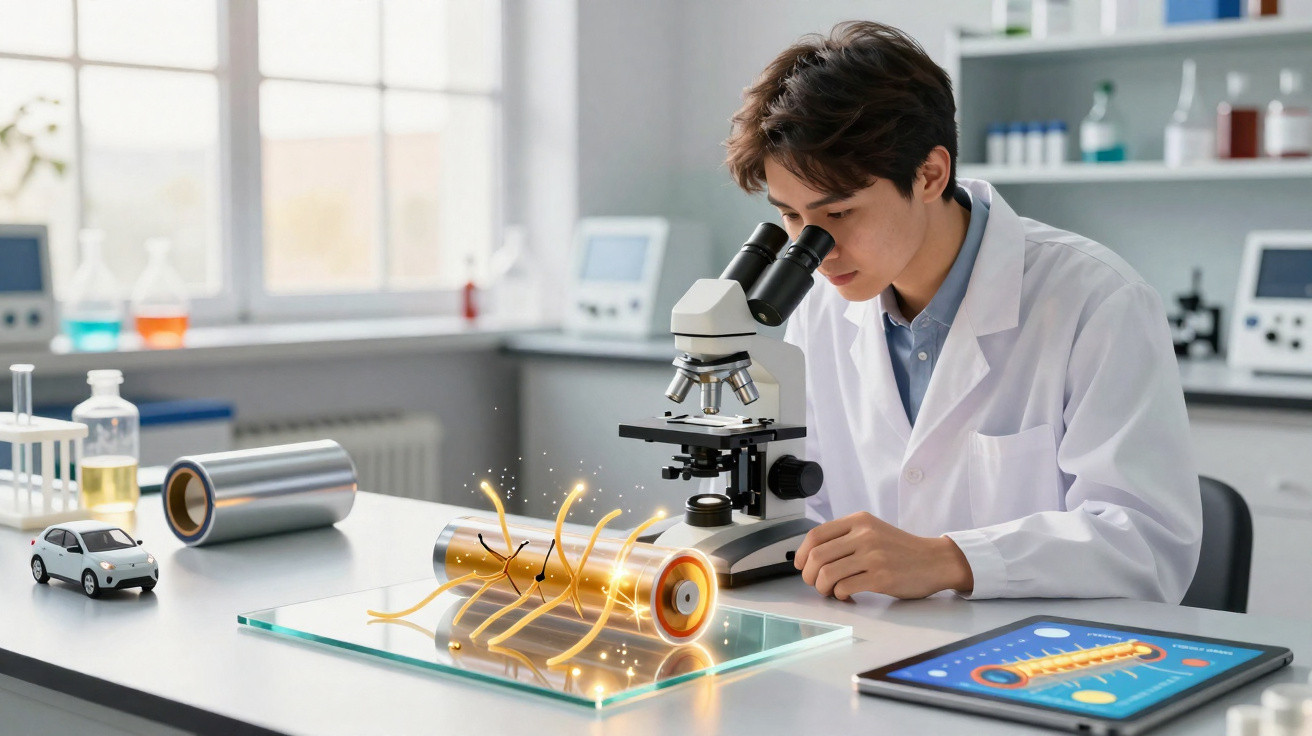 Cientista jovem observa bateria com luzes digitais através de microscópio num laboratório moderno.