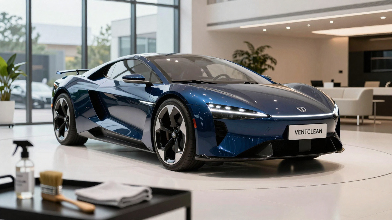 Carro desportivo azul escuro exposto em espaço interior moderno com iluminação suave.