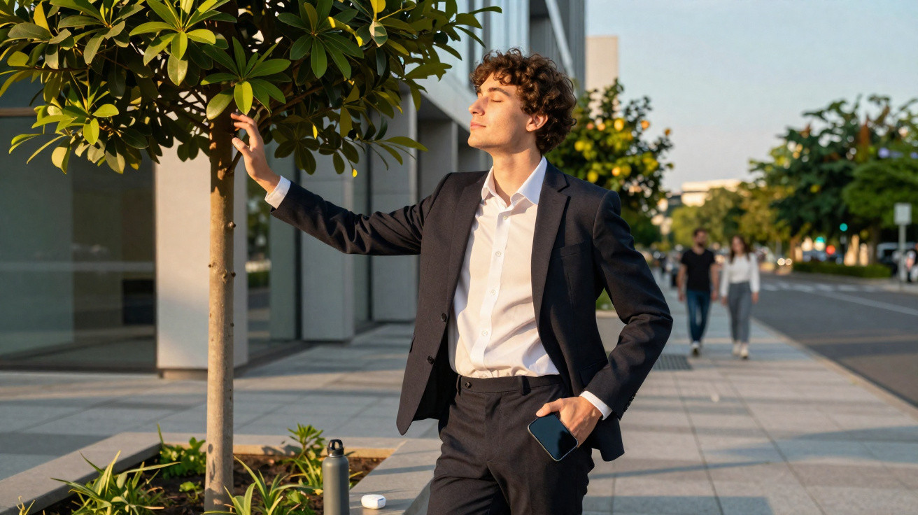 Homem de fato azul escuro desfruta do aroma de uma árvore numa rua urbana ao pôr do sol.