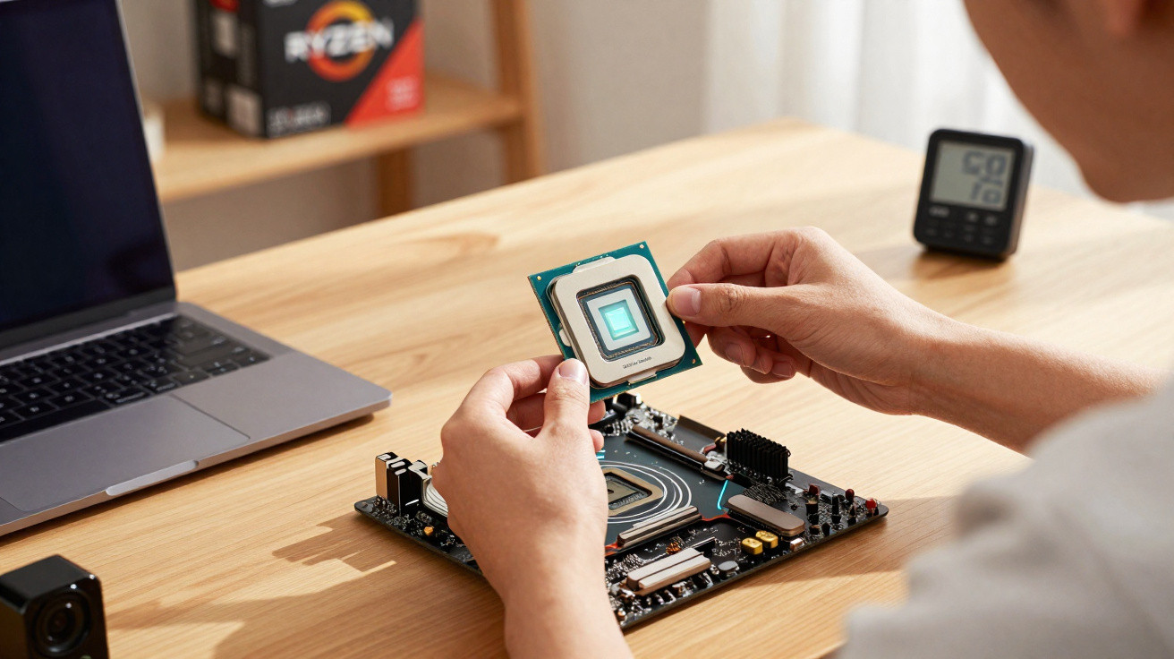 Pessoa a segurar um processador perto da motherboard sobre uma mesa de madeira, com portátil meio visível.