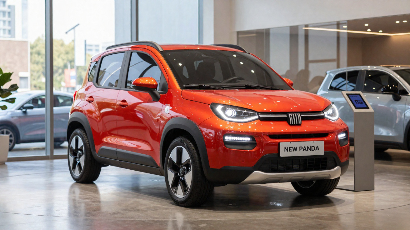 Carro Fiat New Panda vermelho exposto dentro de concessionária moderna com grandes janelas.