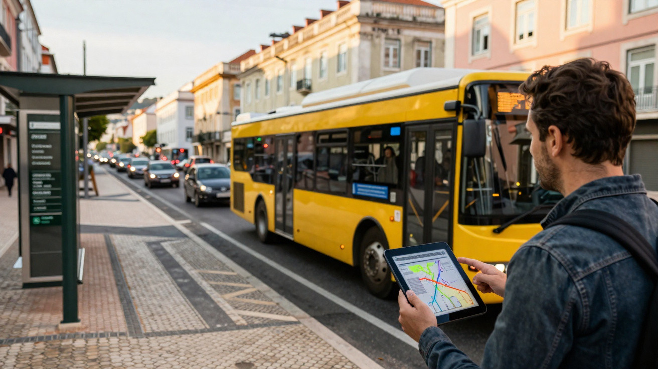 Homem consulta mapa de transportes num tablet junto a paragem, com autocarro amarelo e carros em rua urbana.