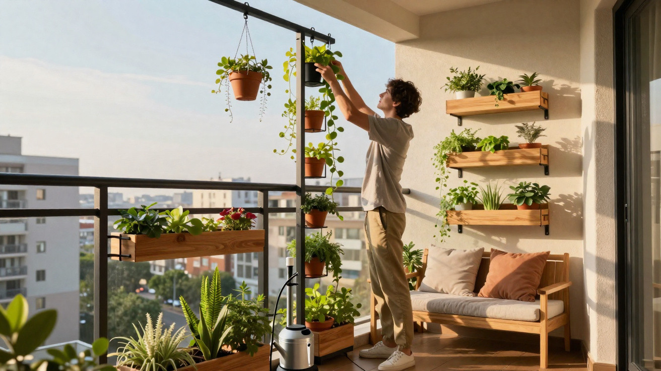 Pessoa a cuidar de plantas em varanda com móveis de madeira e vários vasos de plantas ao redor ao pôr do sol.