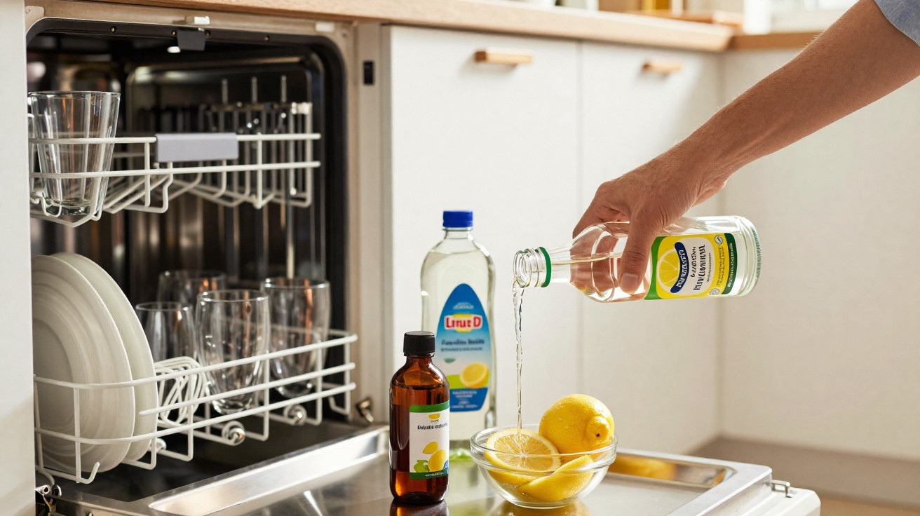 Pessoa a despejar vinagre branco numa taça com limões ao lado de máquina de lavar loiça aberta na cozinha.