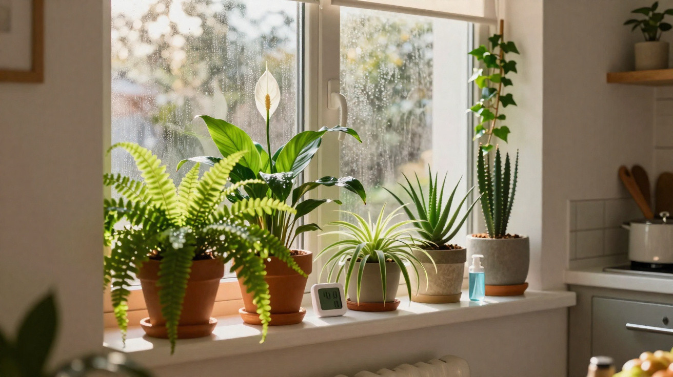 Varanda com várias plantas em vasos, janela com gotas de chuva e luz natural suave.