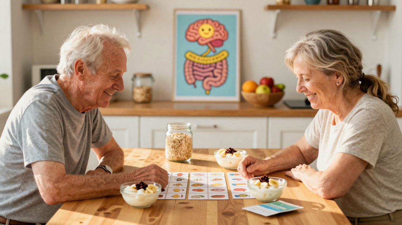 Casal sénior sorridente a jogar um jogo de tabuleiro enquanto come iogurte na cozinha acolhedora.