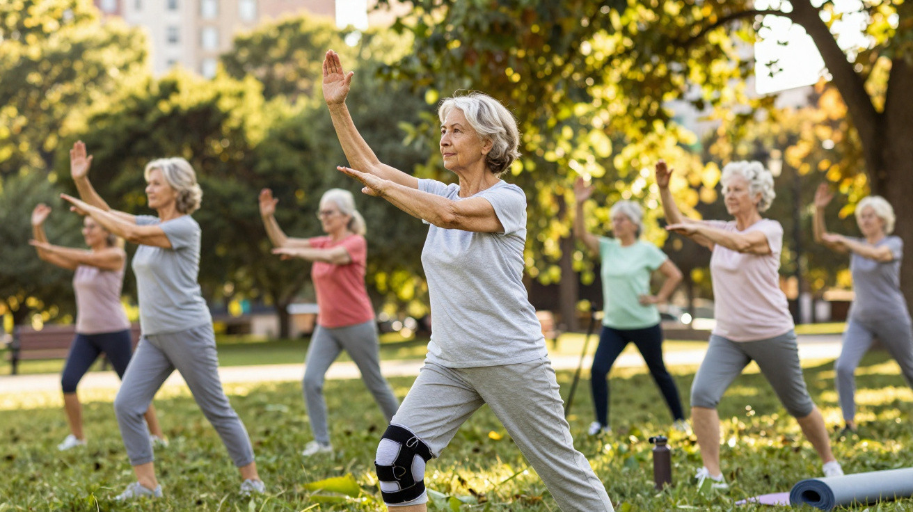 Grupo de mulheres séniores a praticar tai chi num parque ensolarado.
