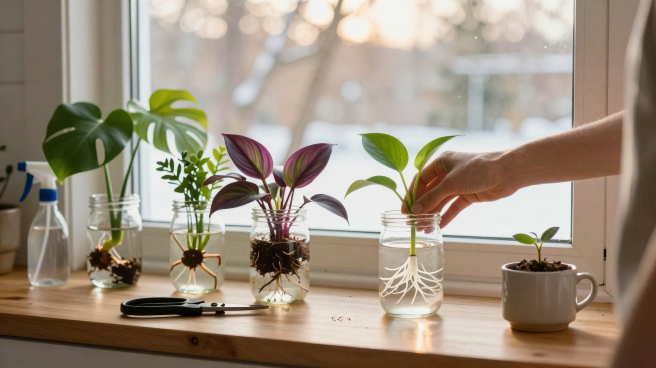 Várias plantas em diferentes frascos numa janela com uma mão a segurar uma planta com raízes na água.