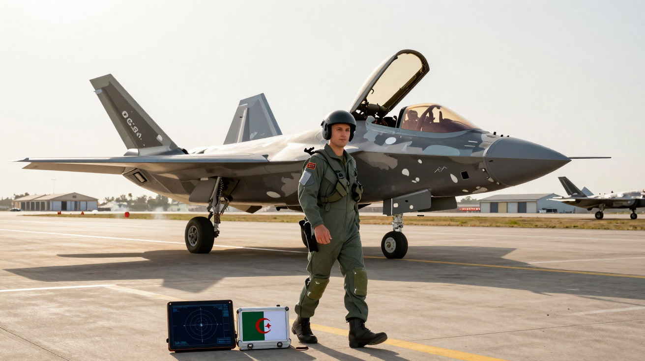 Piloto militar de uniforme verde caminha em pista ao lado de avião de combate cinzento com cabine aberta.