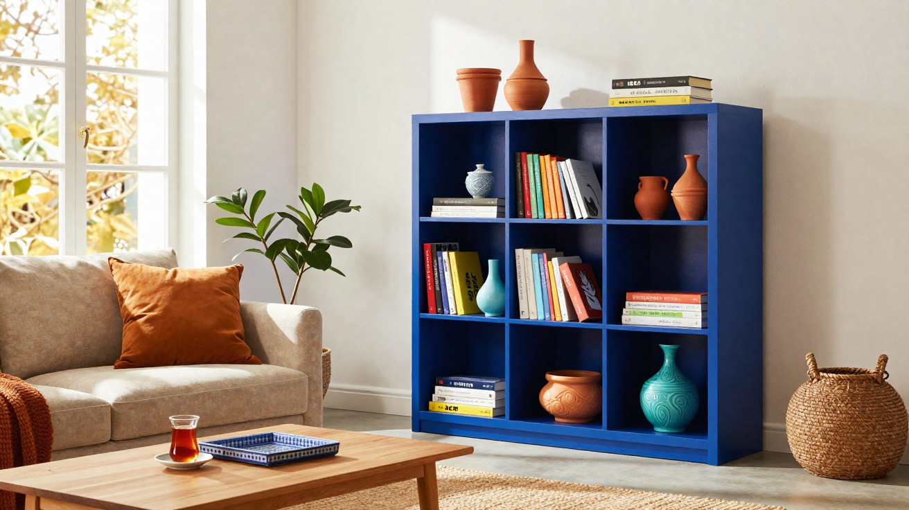 Sala de estar com estante azul cheia de livros e vasos, sofá bege com almofada laranja, planta e mesa de madeira.