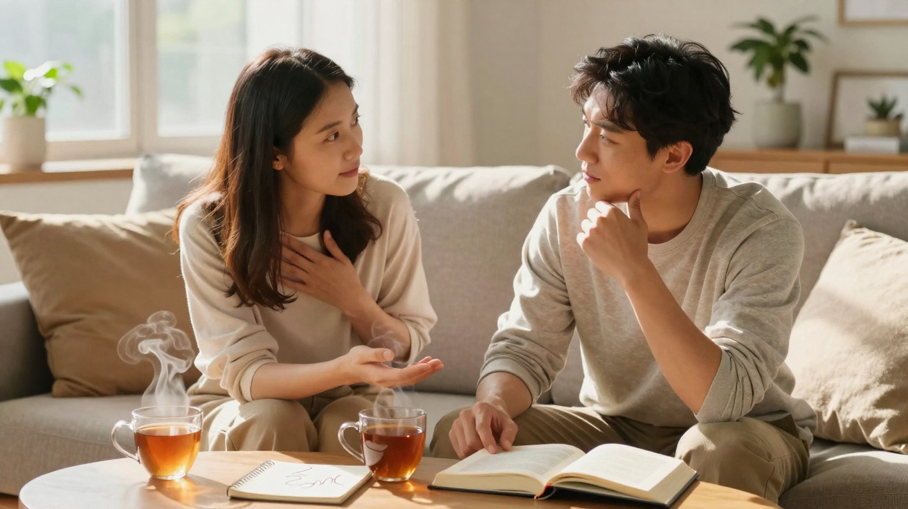 Casal sentado no sofá a conversar, com chá quente em mesa e livros abertos à frente.