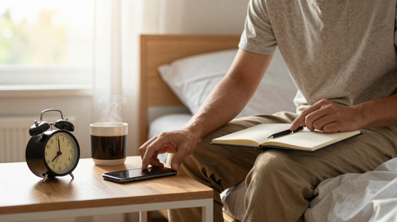 Pessoa sentada na cama, segurando uma caneta e um caderno, ao lado de uma mesa com telemóvel, café e despertador.