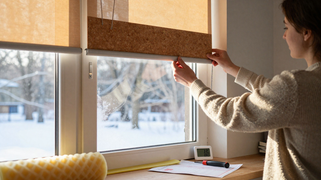 Pessoa a abrir estore numa janela com vista para neve, com ferramentas e papel na mesa interior.