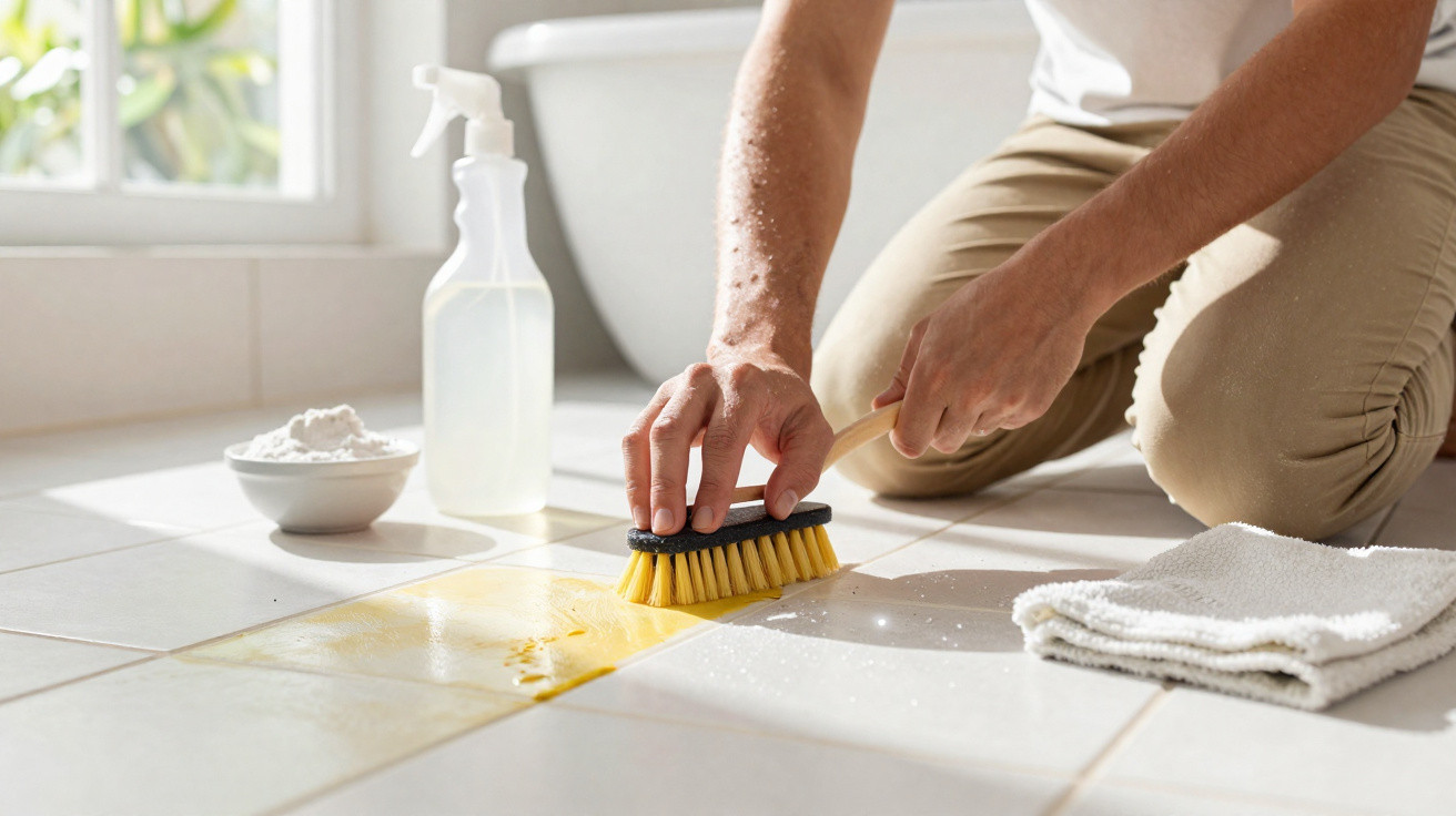Pessoa limpa um chão de azulejos brancos com escova, spray e pano, removendo uma mancha amarela.