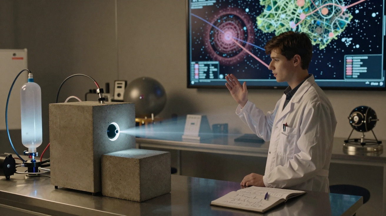 Jovem cientista em laboratório com jaleco observa projecção luminosa de aparelho em bancada com quadro digital.