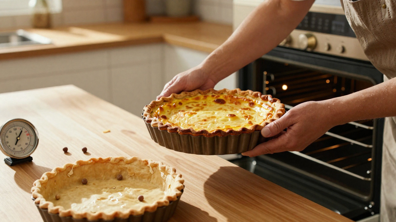 Pessoa a retirar torta de queijo recém-assada do forno numa cozinha luminosa e moderna.