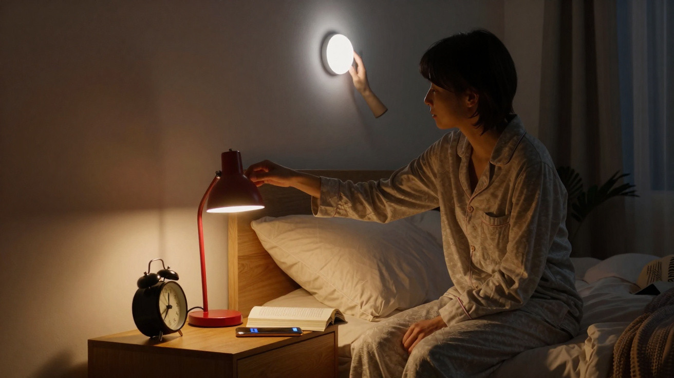 Mulher em pijama sentada na cama, acendendo luz de parede num quarto escuro.