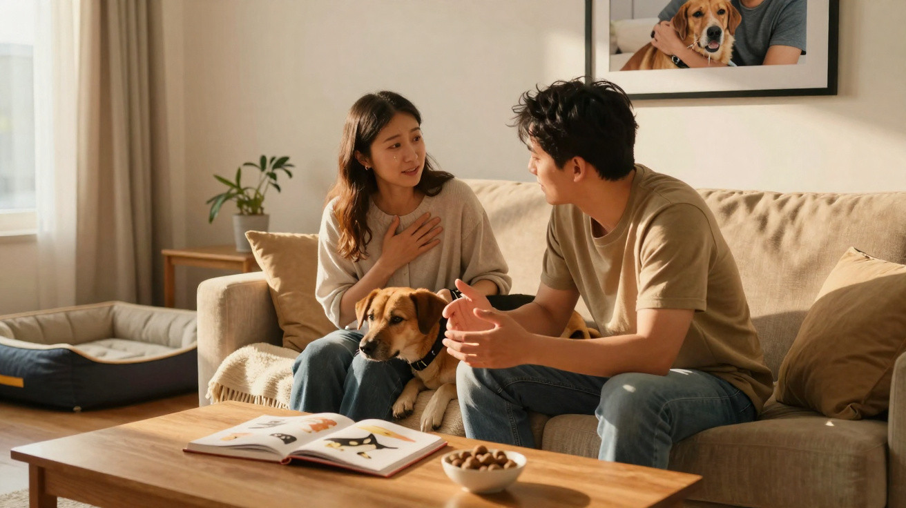 Casal sentado no sofá com cão entre si, conversando numa sala iluminada e acolhedora.