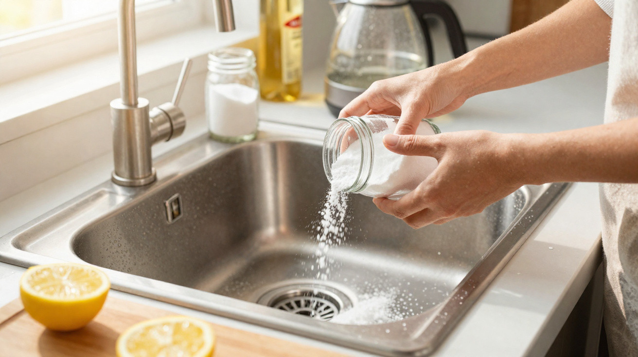 Pessoa a deitar sal num lava-loiça de inox com limões cortados numa tábua ao lado.