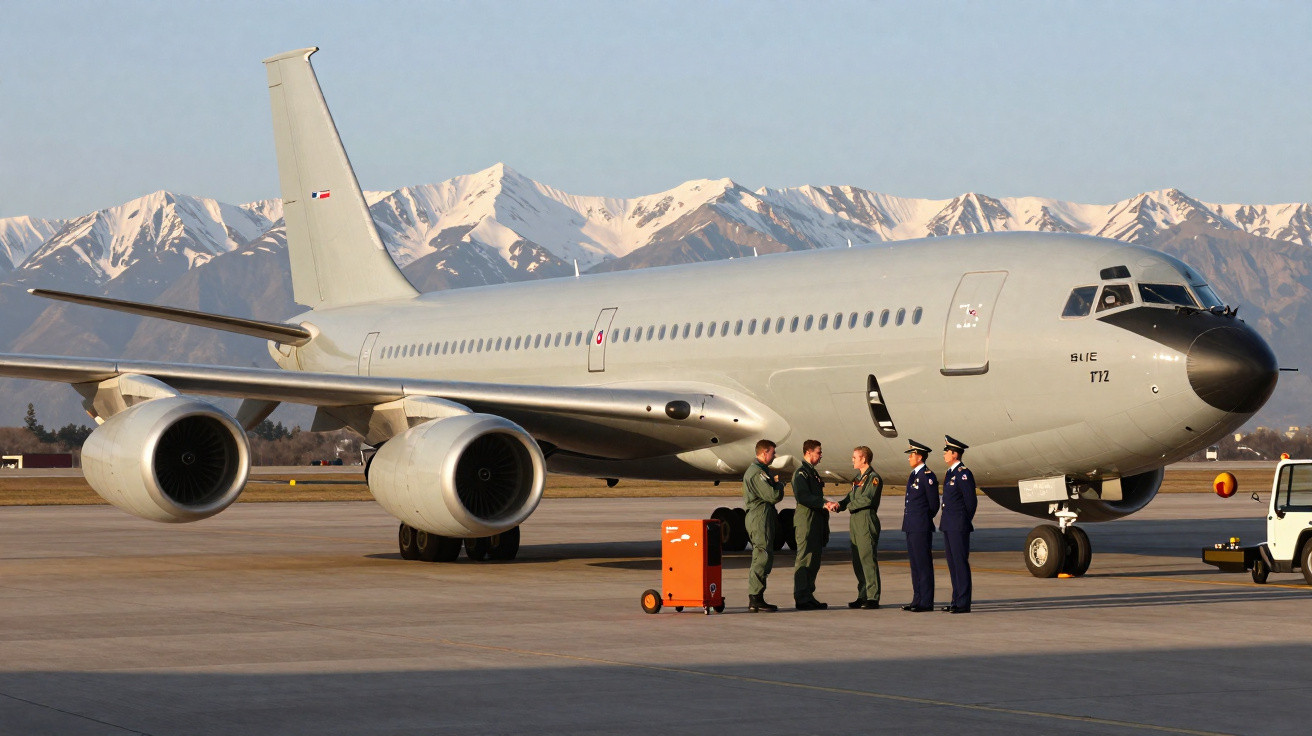 Avião militar parado na pista com cinco militares em uniforme a cumprimentarem-se junto a equipamento laranja.