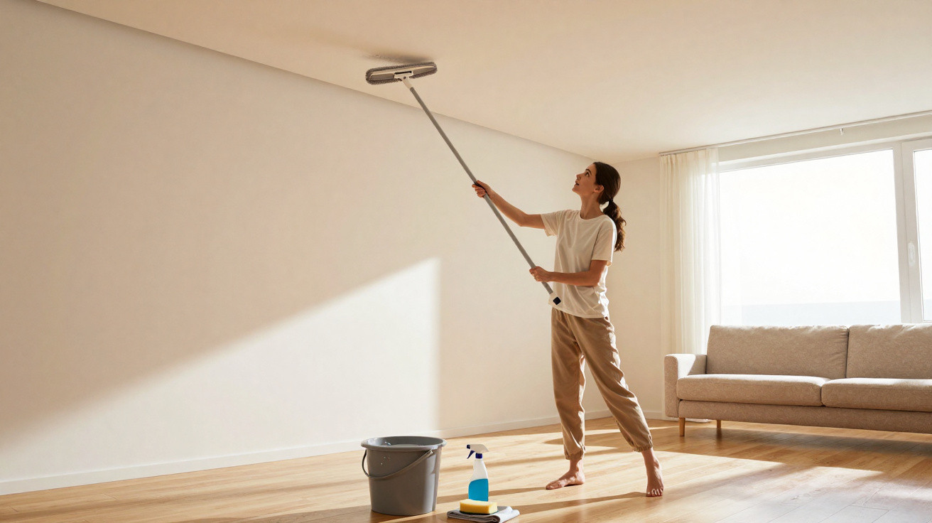 Mulher a limpar o teto da sala com esfregona longa, ao lado balde, pulverizador e sofá.