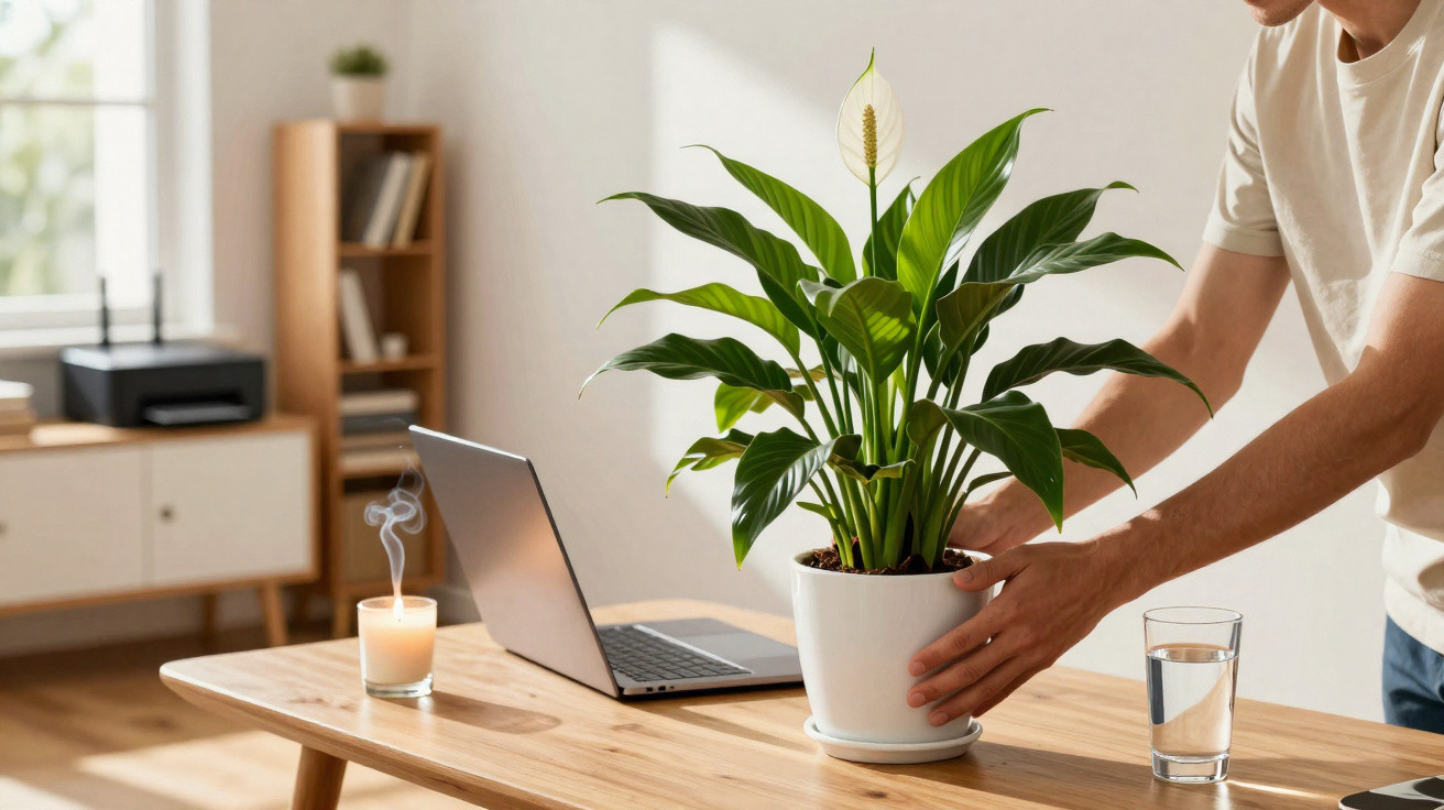 Pessoa a colocar planta com flor branca num vaso branco numa mesa de escritório com portátil e vela.
